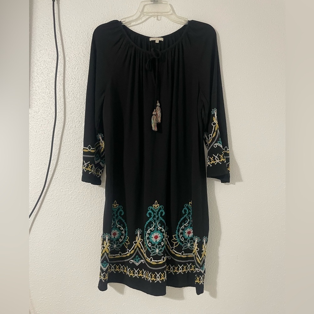 Kate & Sam Dress Black Embroidered 3/4 Sleeve Tie Large